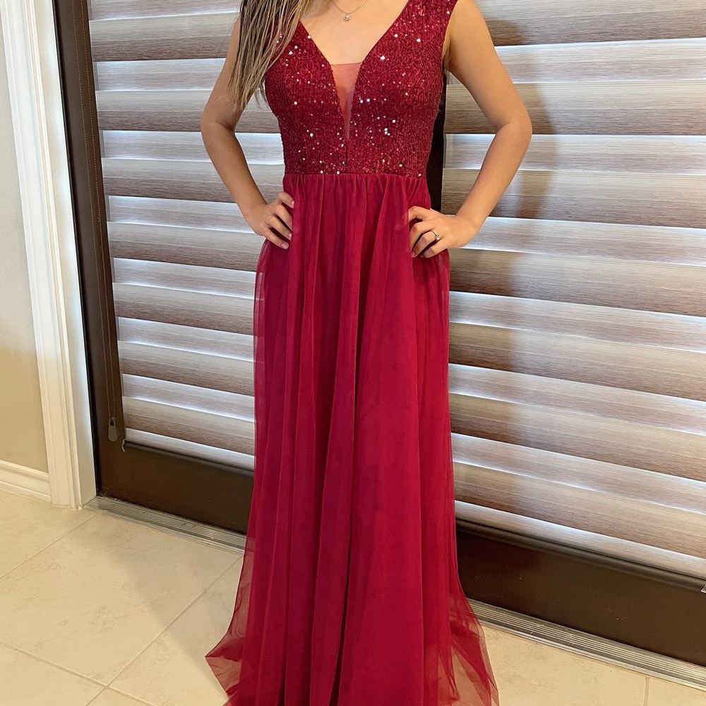Zip back sequin bodice mesh dress